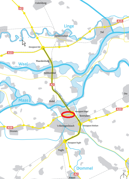 Een landkaart waarop een deel van de ring bij 's-Hertogenbosch is gemarkeerd